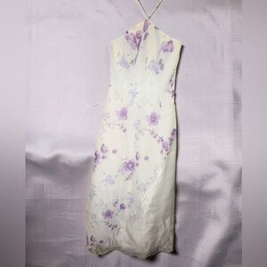 Morgan & Co Floral Strapless Dress with Lavender Print women’s petite junior 3/4
